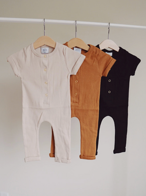Ribbed Henley Romper // Almond