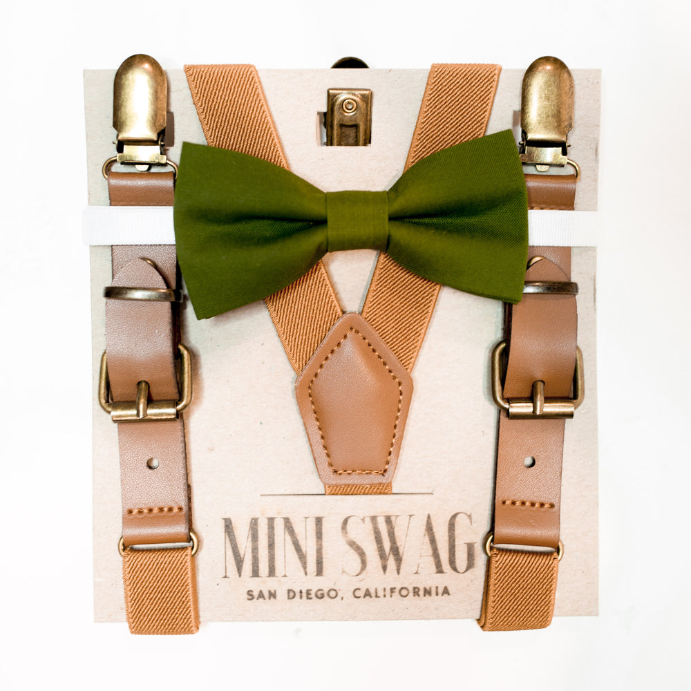 Bow Tie & Leather Suspenders Set // Moss Green & Camel