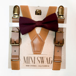 Bow Tie & Leather Suspenders Set // Wine & Camel
