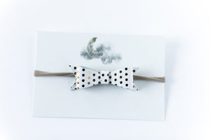 Leather Bow Headband // White & Gold Polka Dot