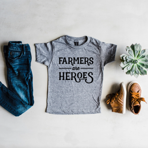 
                
                    Load image into Gallery viewer, “Farmers Are Heroes” Kids Tee // Grey w/ Black
                
            