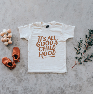 
                
                    Load image into Gallery viewer, &amp;quot;It&amp;#39;s All Good in the Childhood” Kids Tee // Cream w/ Camel
                
            