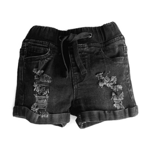 
                
                    Load image into Gallery viewer, Distressed Denim Shorts // Black
                
            