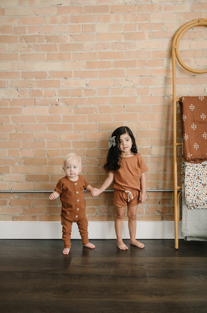 Ribbed Short Sleeve Cotton Romper // Honey