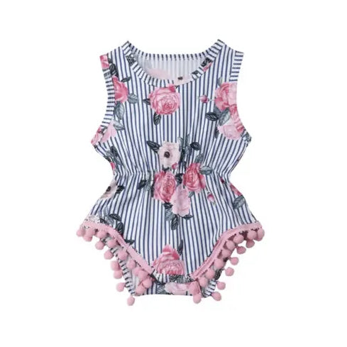 
                
                    Load image into Gallery viewer, Pom Pom Romper // Floral Stripes
                
            