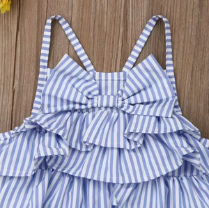 
                
                    Load image into Gallery viewer, Ruffle Bow Romper // Blue Stripe
                
            