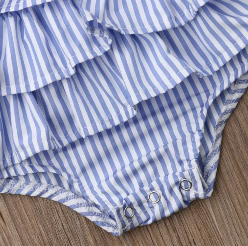
                
                    Load image into Gallery viewer, Ruffle Bow Romper // Blue Stripe
                
            