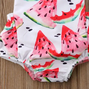 
                
                    Load image into Gallery viewer, Criss Cross Back Ruffle Romper // Watermelon
                
            