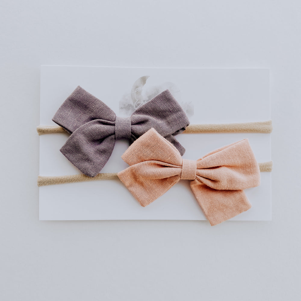 
                
                    Load image into Gallery viewer, 2 Pack Linen Bow Headband // Blush + Lavender
                
            