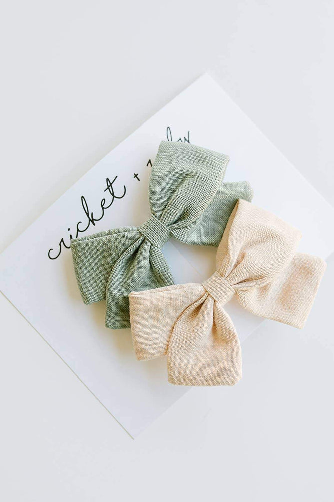 
                
                    Load image into Gallery viewer, 2 Pack Linen Bow Clips // Sage + Tan
                
            