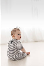 Short Sleeve Henley Romper // Black & White Stripe