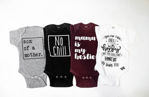 “Son of a Mother” onesie // Grey